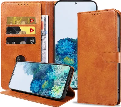 Immagine prodotto di Adatto a Samsung Galaxy S20 Plus Custodia in ecopelle con labbro magnetico e portacarte a libro con patta - Marrone - Smartphonics