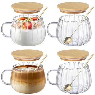 Produktbild von Cappuccinotassen 4er Set 450ml Latte Macchiato Gläser Hitzebeständig mit Deckel & Löffel Transparent Kürbis