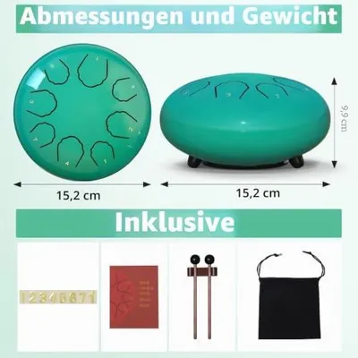 Produktbild von Regentrommel für den Außenbereich mit 8 Tönen, Stahlzungen und Musikbuch, Regenspiel für den Garten, Chakra-Trommel (meerblau, 6 Zoll)