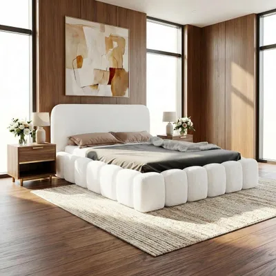 Produktbild von Polsterbett MONI 180x200 cm mit Bettkasten, Stauraum und Metall-Lattenrost – Bouclé Weiß