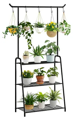 Produktbild von Pflanzenständer aus Metall für Innen- und Außenbereich, 3 Etagen, hoch, stabil, Blumenhalter für Wohnzimmer, Terrasse, Balkon