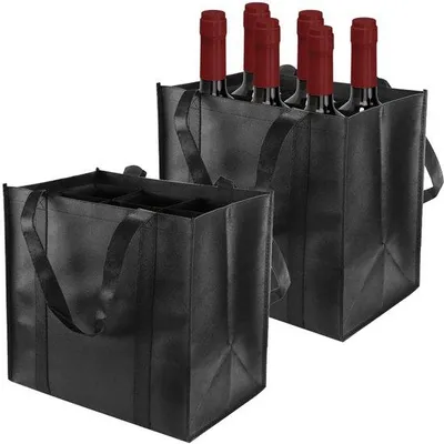Zdjęcie produktu dla Ibenzoa® Torba na butelki – zestaw 2 sztuk, czarna, wykonana z materiału beztkanego, wymiary 27×18×27 cm, 6 przegródek pojedynczych o wymiarach 9×9 cm, idealna do przechowywania wina i napojów