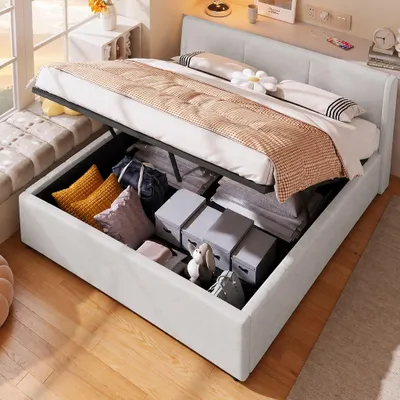 Produktbild von INONEFT Boxspringbett Polsterbett 140x190 cm, Jugendbett Doppelbett mit Lattenrost und Hydraulisches Stauraum, Leinen Polsterbett,Keine Matratze,Beige