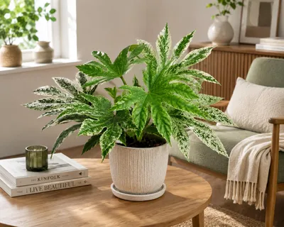 Produktbild von Fatsia japonica 'Spiderweb' 30–40 cm – Panaschierte Zimmeraralie, immergrüne Zimmerpflanze für Wohnzimmer, Büro & Wintergarten, KI-generiertes Bild