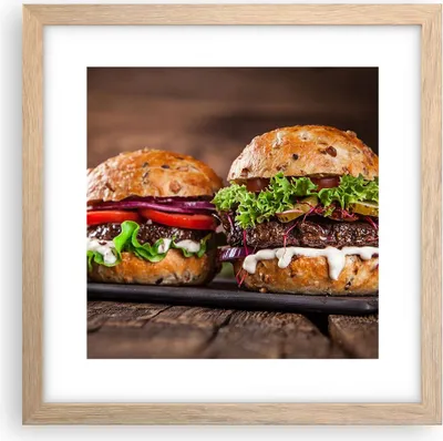 Produktbild von Gerahmtes Poster - Rahmen in heller Eiche - Amerikaner Hamburger Essen Barbecue - 30x30 cm - Wand Bild - Wanddeko - Wandbilder - Wandposter - Bilderrahmen - Bilder - Kunstdruck - P2NAC30x30-2869
