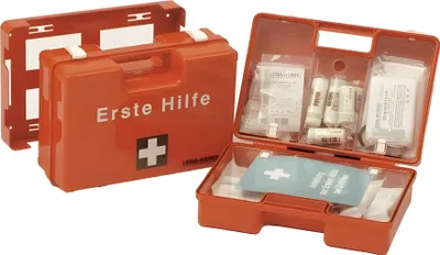 An open and closed orange first aid kit with its contents visible.