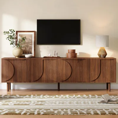 Produktbild von KLAM HOME Lowboard TV-Schrank Walnussholzfarbe 180cm mit 3D-Relief, soft-Close-Türen, 4 Türen und Kabeldurchführung für Fernseher bis 75 Zoll Stauraum