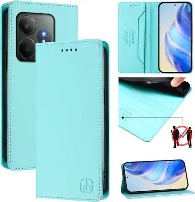 Produktbild von Lederhülle für Realme GT 6/Realme GT 6T Hülle Flip Brieftasche Kartenfächern Ständer Schutzhülle Türkis