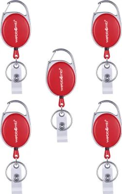 Produktbild von WEBBOMB 5x Ausweis Halter Rot mit JOJO Gürtel Clip & Schlüsselring 5 Stück Set Kartenhalter Ausweisjojo für Betriebsausweis ID Badge Holder SkipassHalter Rollerclip