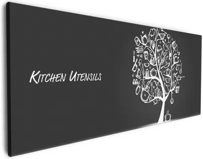 Produktbild von Wallario Premium Leinwandbild Kitchen Utensils - Baum aus Küchenutensilien in schwarz weiß in Größe 50 x 125 cm