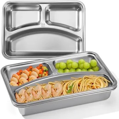 Produktbild von Geteilte Teller Edelstahl Unterteilt Unzerbrechlicher Wiederverwendbar Geteilter Speiseteller mit 3 Fächern Portionskontrolle Teller für Kinder und Erwachsene 4 Stück | Speiseteller aus Edelstahl, wiederverwendbar, unzerbrechlich, 4 Stück