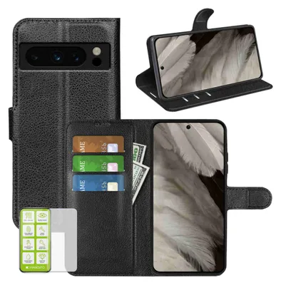 Image de Étui pour Google Pixel 8 Pro - Noir - Étui en simili cuir + verre de protection incurvé H9