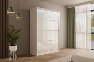 Produktbild von ALTDECOR Kleiderschrank mit Lacobel-Schiebetüren, kugelgelagerte Führungsschienen und Aluminium- Leisten, LED-Beleuchtung (weiß + 16 Farben) und Fernbedienung - PEKA3 - 120 cm Weiß  /  Weiß