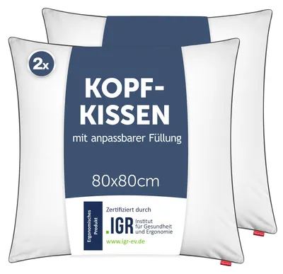 Produktbild von 2er Set Blumtal Kopfkissen 80x80 – orthopädische Nackenstützkissen – anpassbar,  Mikrofaser, waschbar, für Allergiker & Seitenschläfer