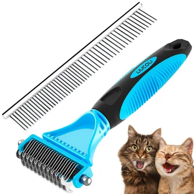 Produktbild von Doppelseitige Unterfellbürste für Hunde & Katzen, 23+12 Zähne, entfernt Knoten & loses Haar, Blau+Schwarz