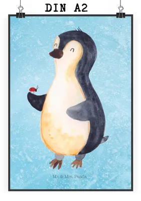 Produktbild von Mr. & Mrs. Panda Bild Pinguin Marienkäfer DIN A2 - Eisblau - Geschenk, Wanddekoration, Glück, wanddeko, Plakat, Aufmerksam, drucke, Liebe, wandkunst, Kleine Wunder