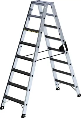 A silver and black A-frame ladder against a white background.