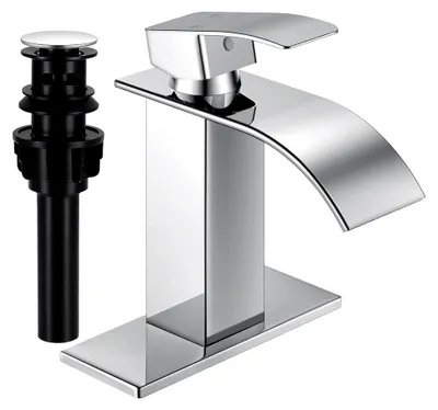 Produktbild von Chrom-Badezimmerarmatur mit Wasserfall-Effekt, moderne Einhebel-Armatur für Waschbecken, geeignet für 1 oder 3 Löcher, Mischbatterie für Wohnmobile