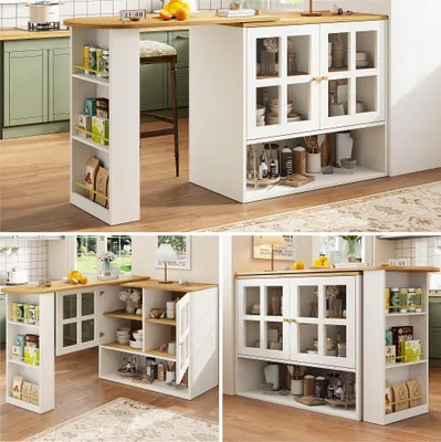 Produktbild von Moderner weißer, um 360° drehbarer Esstisch mit 5 Ablagen und Glas-Sideboard