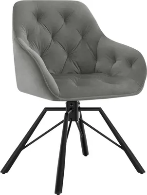 A dark gray velvet swivel chair with black metal legs is shown against a white background.