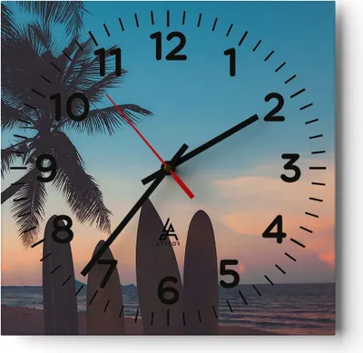 Produktbild von Wanduhr - Quadrat - Glasuhr - Strand Meer Palme - 30x30cm - Schleichendes Uhrwerk - Lautlos - zum Aufhängen bereit - Dekoration Modern - Wanddekoration aus Glas - C4AC30x30-4080