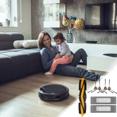 A mother and child are sitting on the floor next to a sofa, with a robot vacuum cleaner and accessories in the foreground.