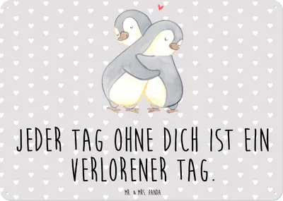 Produktbild von Mr. & Mrs. Panda Wandbild Pinguine Kuscheln DIN A6 - Grau Pastell - Geschenk, Freund, Hochzeitstag, wandtafel, Jahrestag, Freundin, für Frauen, tafel, Schild, Blechtafel