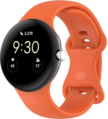 A close-up studio shot of an orange smartwatch with its screen displaying the time and health metrics.