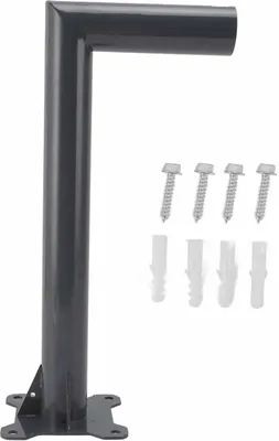 A dark gray L-shaped bracket with a mounting plate and four screws and four wall anchors on a white background.