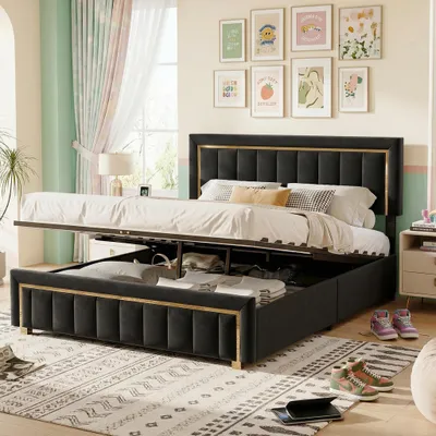 Immagine prodotto di Letto con boxspring INONEFT, 140x200 cm, con sistema di sollevamento idraulico e contenitore, struttura imbottita con rete a molle, letto matrimoniale per ragazzi con contenitore, rivestito in velluto nero, productTiles.product.images.aiGenerated