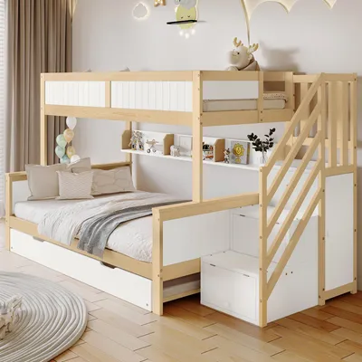 Immagine prodotto di Letto a castello Sweiko, letto per bambini, con protezione anticaduta e ringhiera, progettato con tre posizioni di letto, con letto a scomparsa, con armadio, scala ad angolo, pino+MDF, bianco+naturale, 90x200&90x190&120x200cm