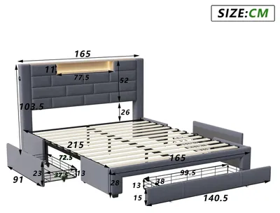 Image de Lit en velours - Structure de lit plateforme - 160 x 200 cm - Tiroirs de lit - Espace de rangement intégré à la tête de lit - Éclairage LED - Port de chargement USB - Gris