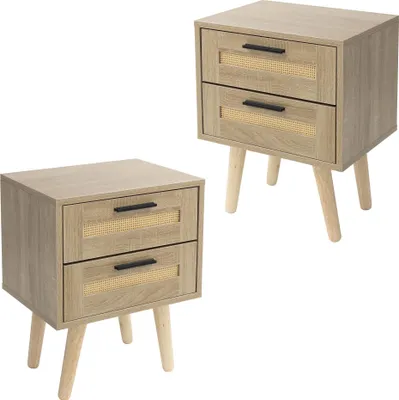 Produktbild von ML-Design 2er Set Nachttisch mit 2 Schubladen, 40x50,5x30 cm, Eiche Optik, Nachtschrank mit Rattanfront & Massivholzfüßen für Boxspringbett Schlafzimmer