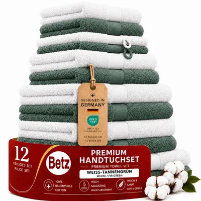 Produktbild von Betz 12-tlg. Handtuch-Set PREMIUM 2 Duschtücher 4 Handtücher 2 Gästetücher 2 Seiftücher 2 Waschhandschuhe  Farbe: weiss / tannengrün, KI-generiertes Bild
