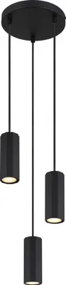A black pendant light fixture with three cylindrical shades hanging from a circular base.