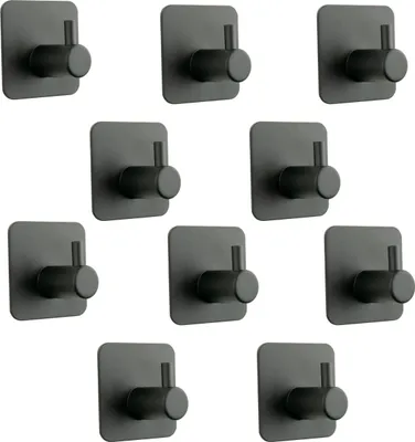 Image de Set élégant de 4 crochets métalliques autocollants noirs mats pour la salle de bain - des accroches modernes et fonctionnelles pour les serviettes et les accessoires.