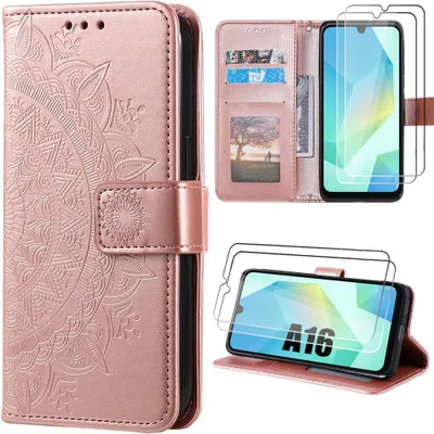Image de Coque + 2 Verres Trempés pour Samsung Galaxy A16 5G/4G, Protection Rabat Cuir Synthétique Antichoc Rose Motif Mandala