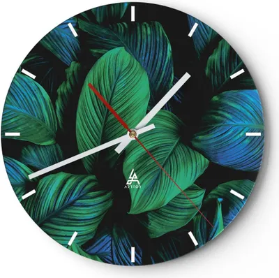 Produktbild von Wanduhr - Rund - Glasuhr - Blätter Pflanzen Exotik - 30x30cm - Schleichendes Uhrwerk - Lautlos - zum Aufhängen bereit - Dekoration Modern - Wanddekoration aus Glas - C3AR30x30-5066
