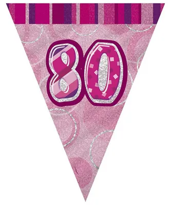 Wimpelkette zum 80. Geburtstag, 2,7 m, glitzernd, rosa