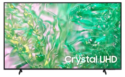 A Samsung Crystal UHD television displaying a colorful, abstract image.