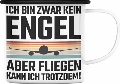 Produktbild von Trendation - Pilot Geschenk Emaille Tasse Flugzeug Fliegen Geschenkidee Piloten Emaille Emaille Tasse Kein Engel (Schwarz)