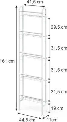 A white shelving unit with dimensions indicated by text overlays.