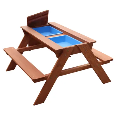 Produktbild von Sunny Dave Kinder Sand & Wasser Picknicktisch aus Holz | Wasserspieltisch & Sandtisch mit Deckel und Behältern | Kindertisch / Matschtisch in Braun