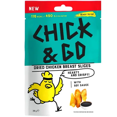 Produktbild von Chick & Go Getrocknete Hähnchenbrustscheiben mit Soja Sauce 30g