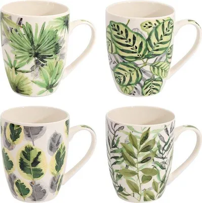 Image de Ensemble de tasses en céramique, 4 pièces - vert - 300 ml - design élégant - motif floral - cadeau pour femmes