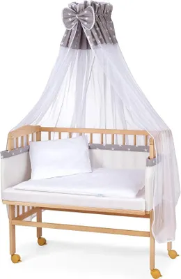 Imagen del producto de Cuna auxiliar para bebés con colchón y textiles, con altura ajustable, amplia superficie de descanso de 90x55 cm, madera natural, color gris/blanco con motivos de estrellas