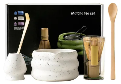 Immagine prodotto di Set per la preparazione del tè Matcha, completo di frustino, ciotola e supporto – Kit da 5 pezzi per la cerimonia del tè – Bianco