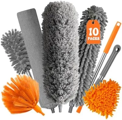 Produktbild von PromoHome® Teleskop-Staubwischer-Set – ausziehbar bis 255 cm, mit 6 waschbaren Mikrofaser-Köpfen, Grau
