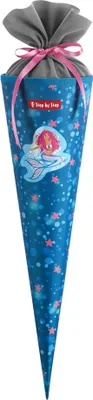 A blue cone-shaped school bag with a mermaid design, tied with a gray fabric and pink ribbon.