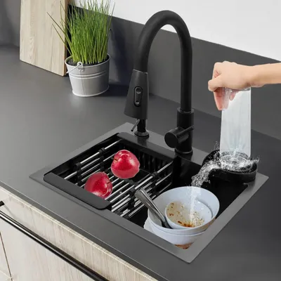 Obrázek produktu pro Kuchyňský dřez, jedno umyvadlo, výsuvná baterie, černý